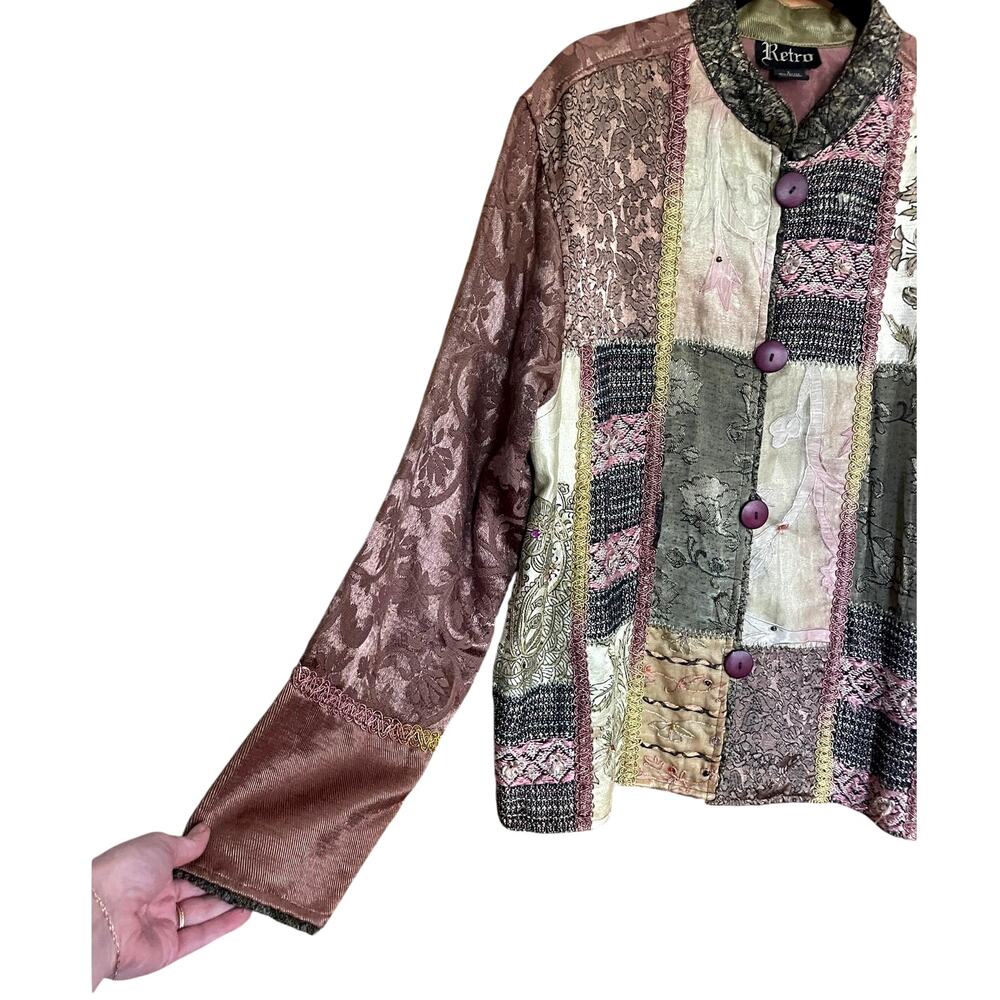 Retro Patchwork Jacket Large Art to Wear Boho Brocade Floral Mauve Brown Vintage - Picture 5 of 5